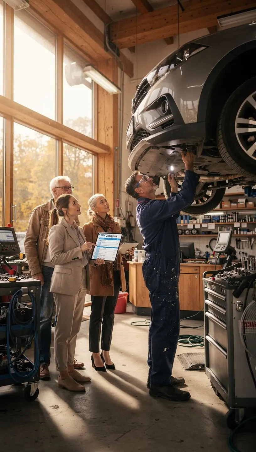 Fahrzeughalter liest verständliche Anleitung zur selbstständigen Vorbereitung auf die TÜV-Hauptuntersuchung.