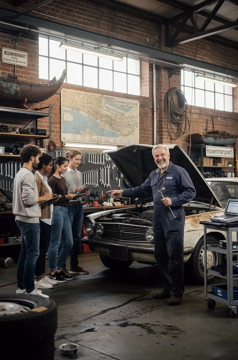 Kundengespräch in einer deutschen Autowerkstatt zum Thema Mängelvermeidung und TÜV-Prüfungsvorbereitung.