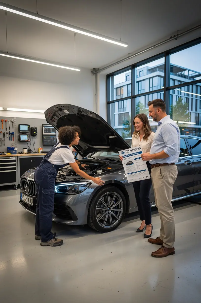 Moderne Autowerkstatt mit verschiedenen Diagnosegeräten zur Vermeidung von Mängeln bei der TÜV-Prüfung.
